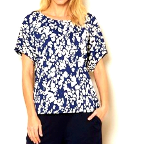 MASAI Abstract Animal Print Top in Blue and Cream Dolman Sleeve Elastic sleeve M - Picture 2 of 14